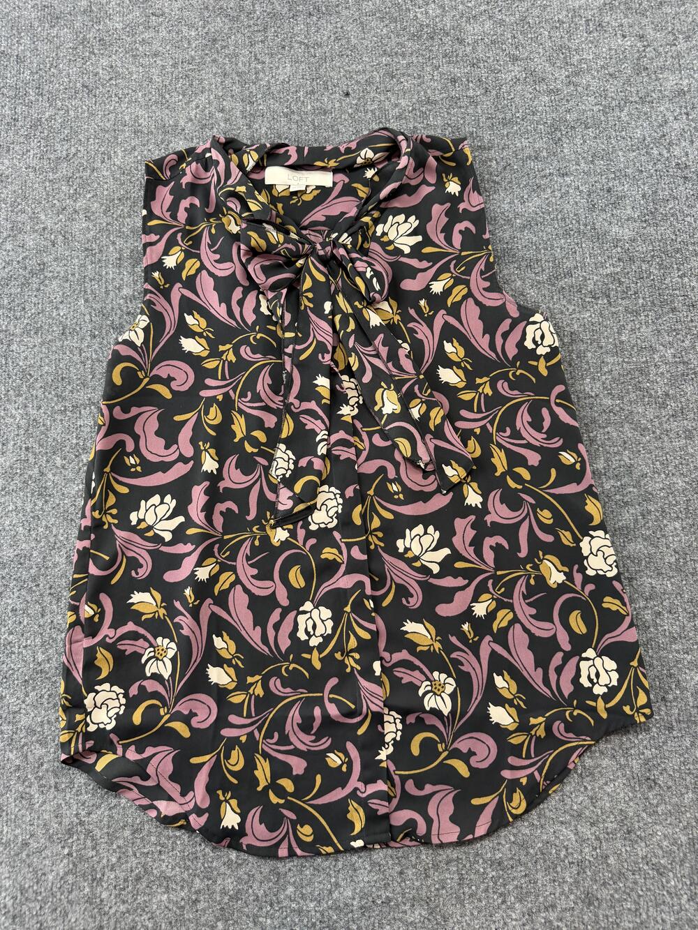 LOFT Blouse Womens XS Black Floral Sleeveless Tie Neck Button Front Top